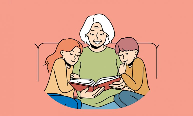 une grand-mère et ses petits-enfants dans une maison intergénérationnelle